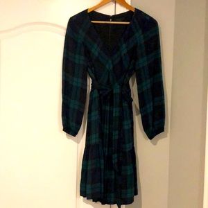 J Crew PERFECT HOLIDAY DRESS! Blue/green plaid with waist tie.